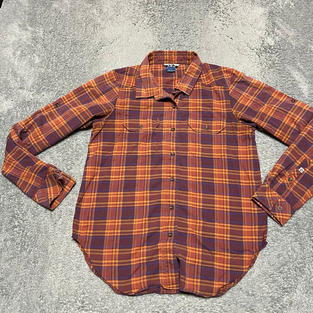 KAVU Shirt Womens Small Plaid Button Long Sleeve Red Orange Gorp Hiking Outdoor